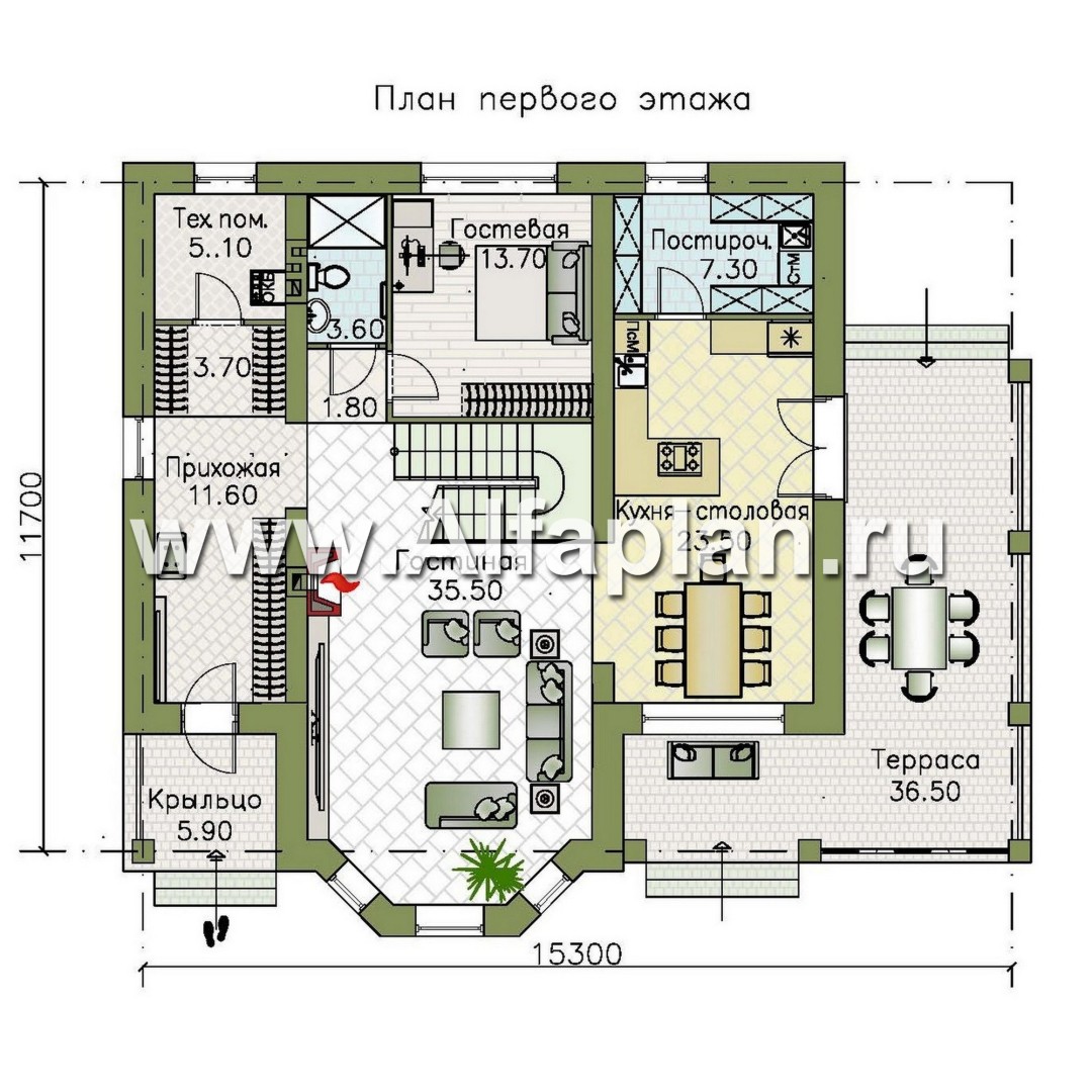 Проекты домов Альфаплан - Проект двухэтажного дома с эркером и лестницей в гостиной - план проекта №1