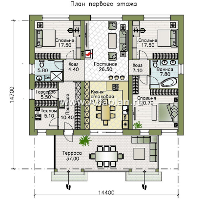 Проекты домов Альфаплан - "Форест" - проект одноэтажного дома с большой террасой - превью плана проекта №1
