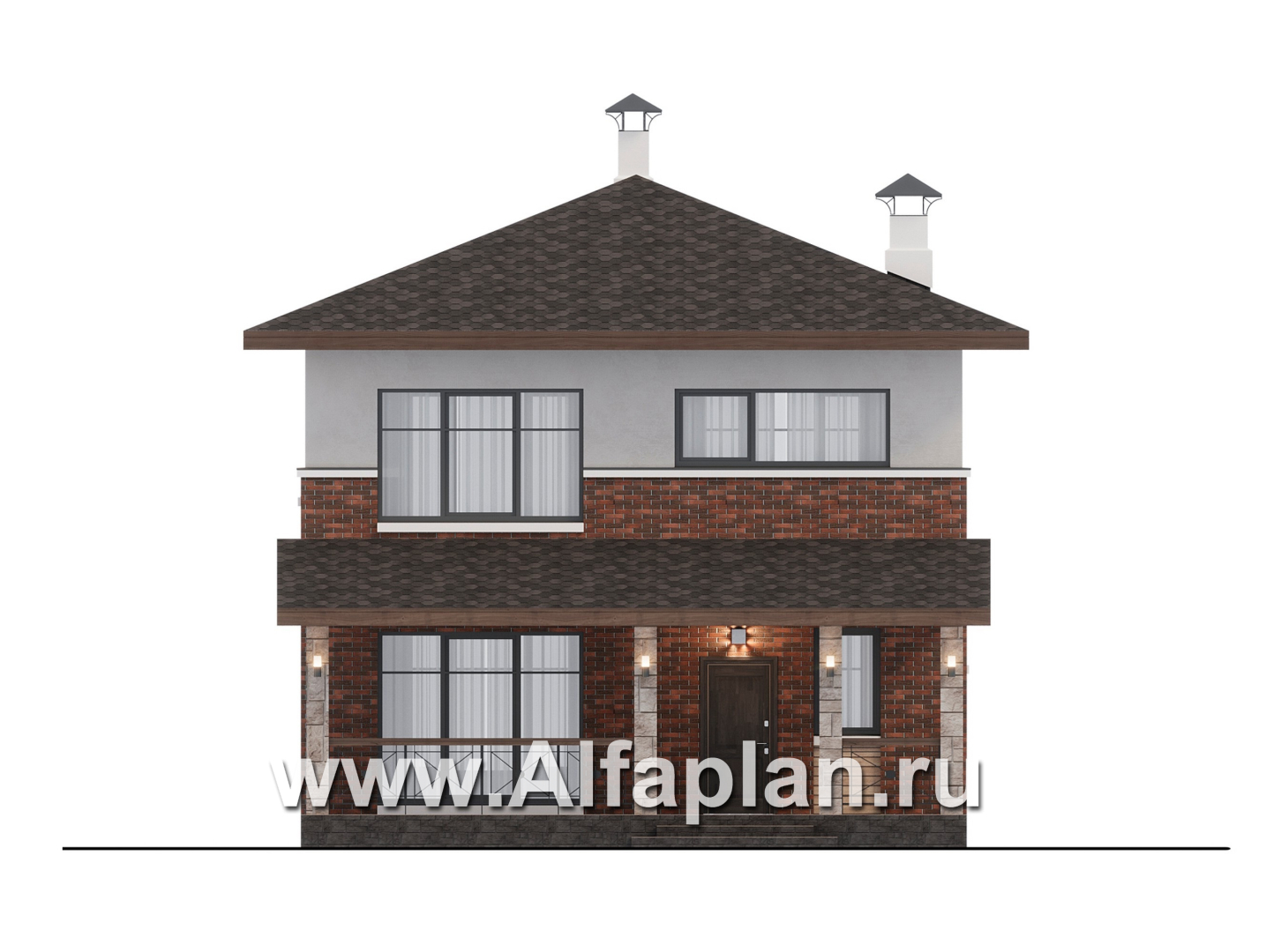 Проекты домов Альфаплан - "Остров сокровищ" - проект комфортного, простого дома из газобетона, с террасой со стороны главного фасада  - изображение фасада №1