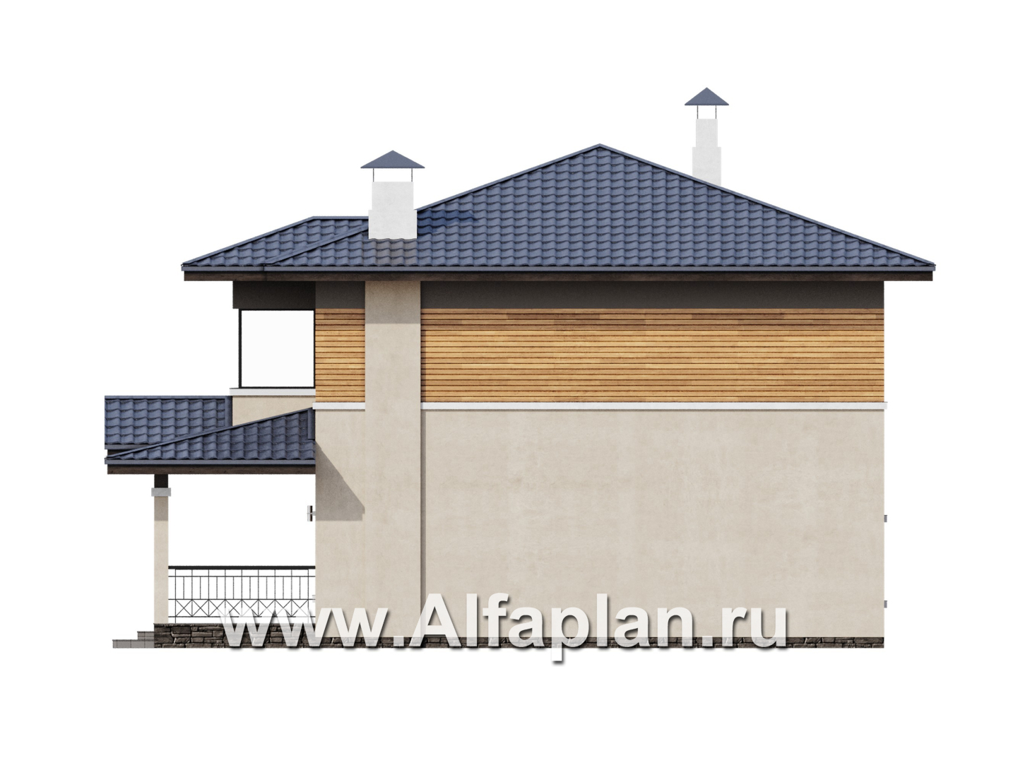 Проекты домов Альфаплан - "Невада" - проект дома из газобетона в стиле Райта - изображение фасада №2
