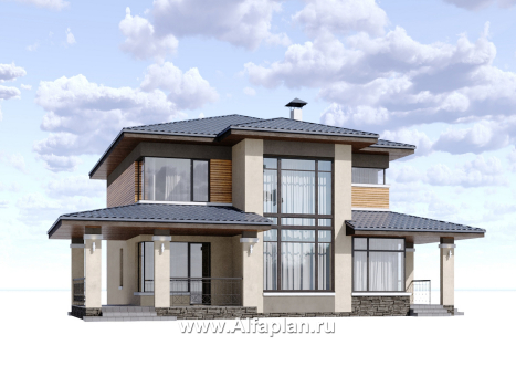 Проекты домов Альфаплан - "Монтана" - проект двухэтажного дома из кирпичей в стиле прерий (Райта) - превью дополнительного изображения №1