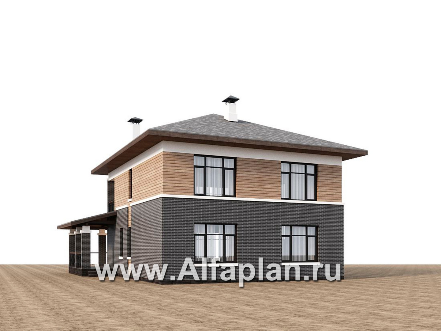 Проекты домов Альфаплан - "Отрадное" - дизайн дома в стиле Райта, с террасой на главном фасаде - дополнительное изображение №3