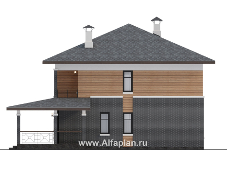 Проекты домов Альфаплан - "Отрадное" - дизайн дома в стиле Райта, с террасой на главном фасаде - превью фасада №2
