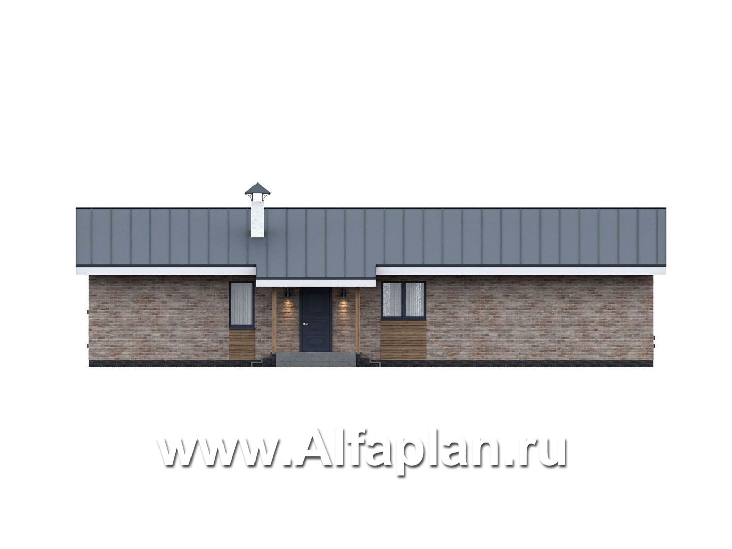 «Алладин» - проект одноэтажного дома, мастер спальня, с террасой и красивым потолком гостиной со стропилами - фасад дома