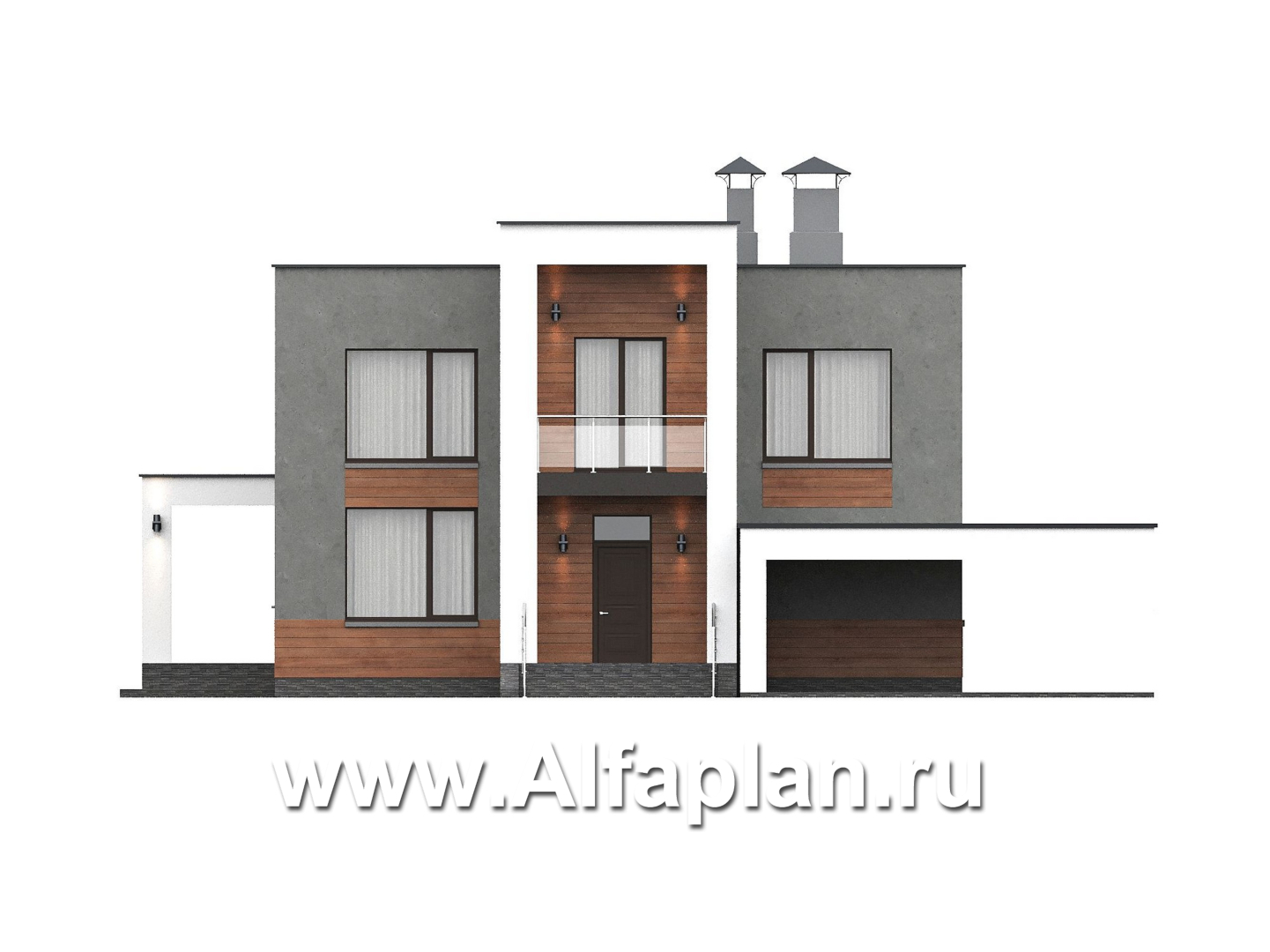 «Вермеер» - проект двухэтажного дома, планировка с мастер спальней, со вторым светом и с террасой, в стиле минимализм с плоской крышей - фасад дома