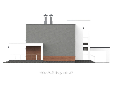 «Вермеер» - проект двухэтажного дома, планировка с мастер спальней, со вторым светом и с террасой, в стиле минимализм с плоской крышей - превью фасада дома