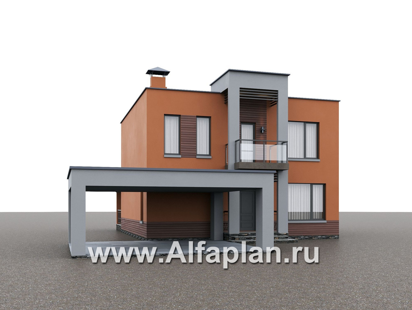 «Невада» - проект двухэтажного дома из газобетона, с террасой, навес на 2 авто, с плоской крышей в стиле минимализм - дизайн дома №1
