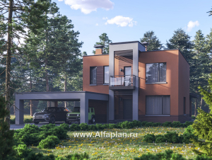 «Невада» - проект двухэтажного дома из газобетона, с террасой, навес на 2 авто, с плоской крышей в стиле минимализм