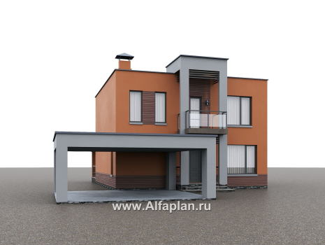 «Невада» - проект двухэтажного дома из газобетона, с террасой, навес на 2 авто, с плоской крышей в стиле минимализм - превью дополнительного изображения №1