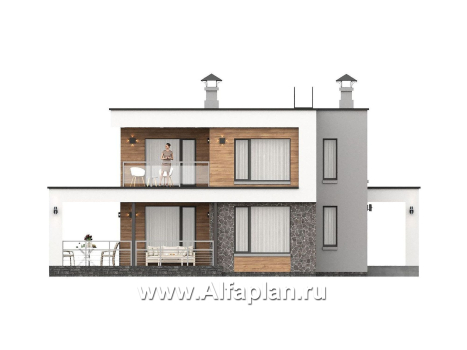 «Пифагор» - проект двухэтажного дома, в современном стиле, с террасой и с плоской кровлей  - превью фасада дома