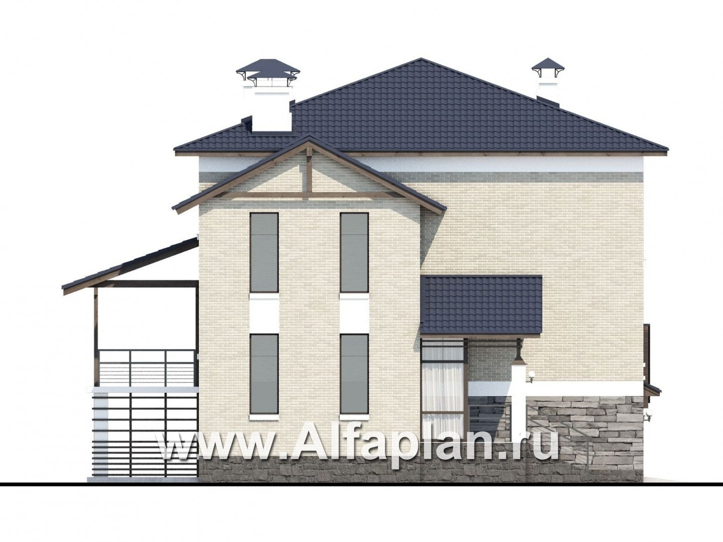 Проекты домов Альфаплан - «Линия горизонта» - современный коттедж с гаражом в цоколе - изображение фасада №2