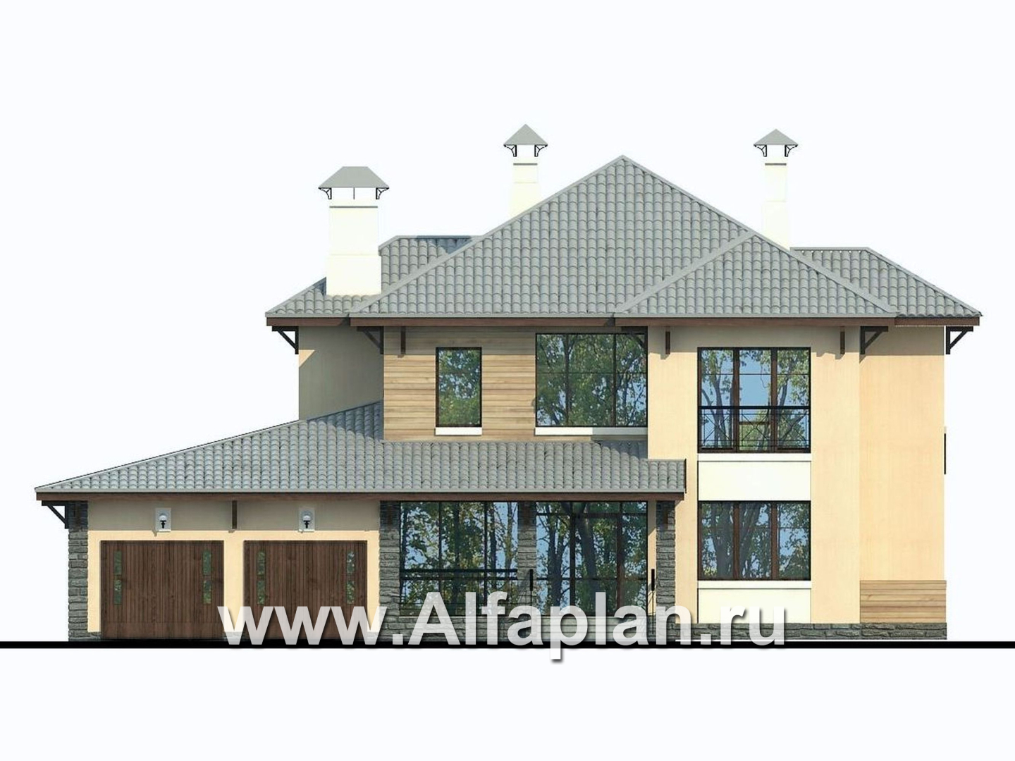 Проекты домов Альфаплан - «Монтекки» - двухэтажный коттедж с гаражом на две машины - изображение фасада №1