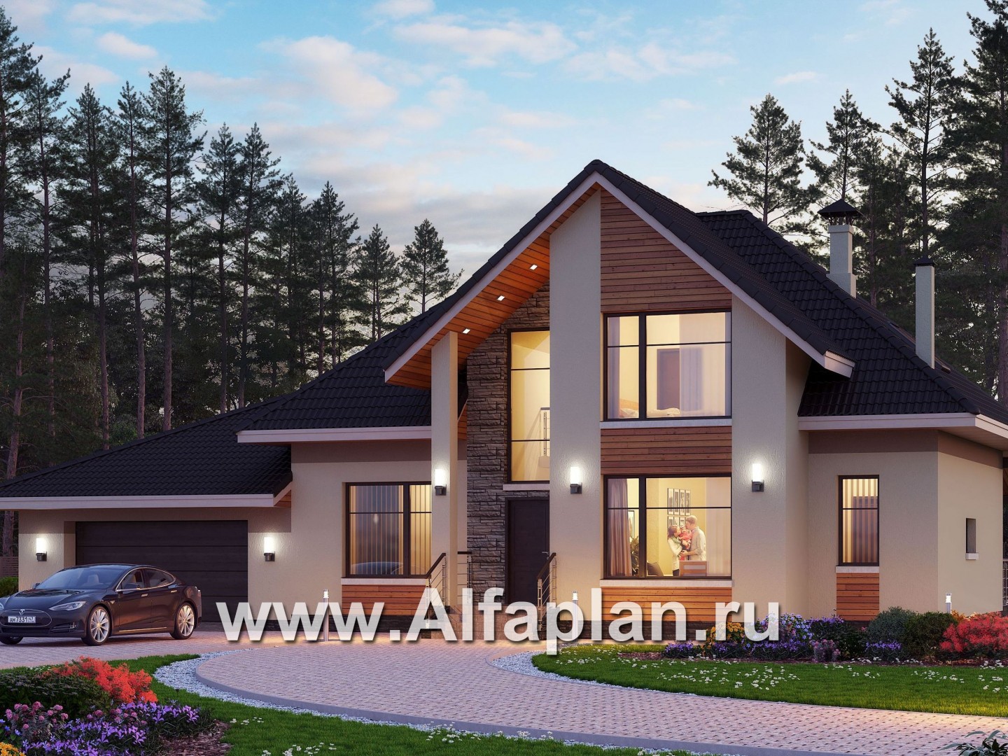 Проекты домов Альфаплан - «Кассиопея» - комфортабельный мансардный дом с большим гаражом - основное изображение