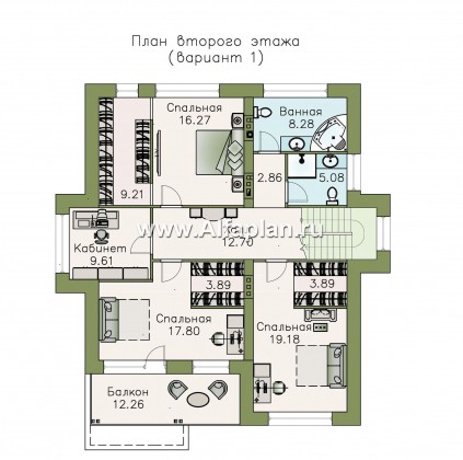 Проекты домов Альфаплан - «Опал» - двухэтажный коттедж с большим крытым балконом - превью плана проекта №2