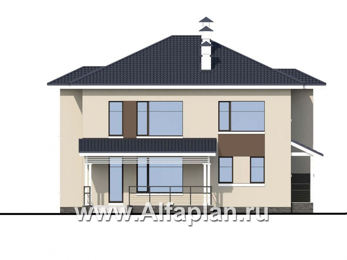 Проекты домов Альфаплан - «Опал» - двухэтажный коттедж с большим крытым балконом - изображение фасада №4