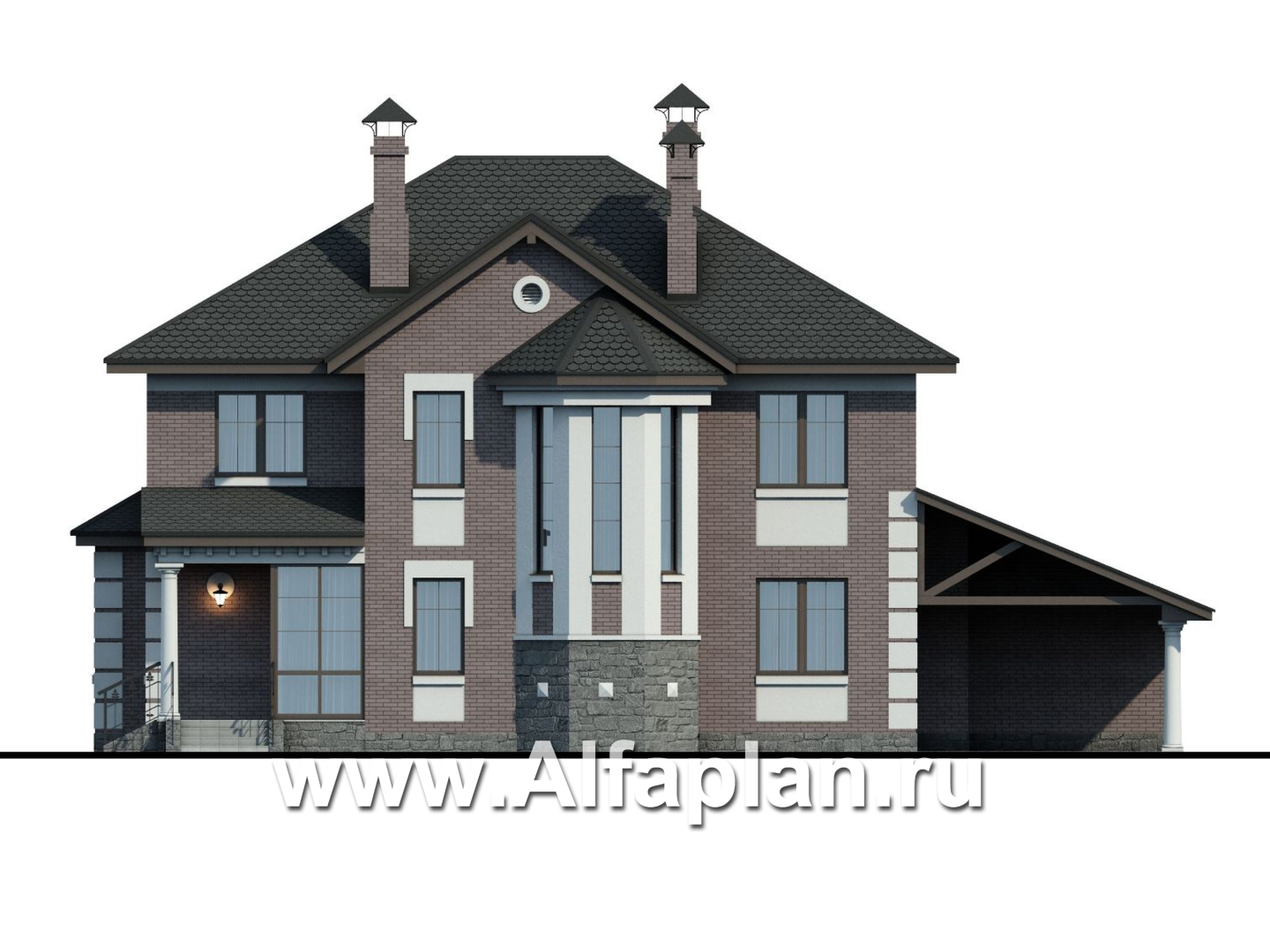 Проекты домов Альфаплан - «Монплезир»- изысканный коттедж с навесом для авто - изображение фасада №1