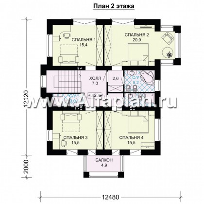 Проекты домов Альфаплан - Двухэтажный кирпичный дом(пять спален) - превью плана проекта №2