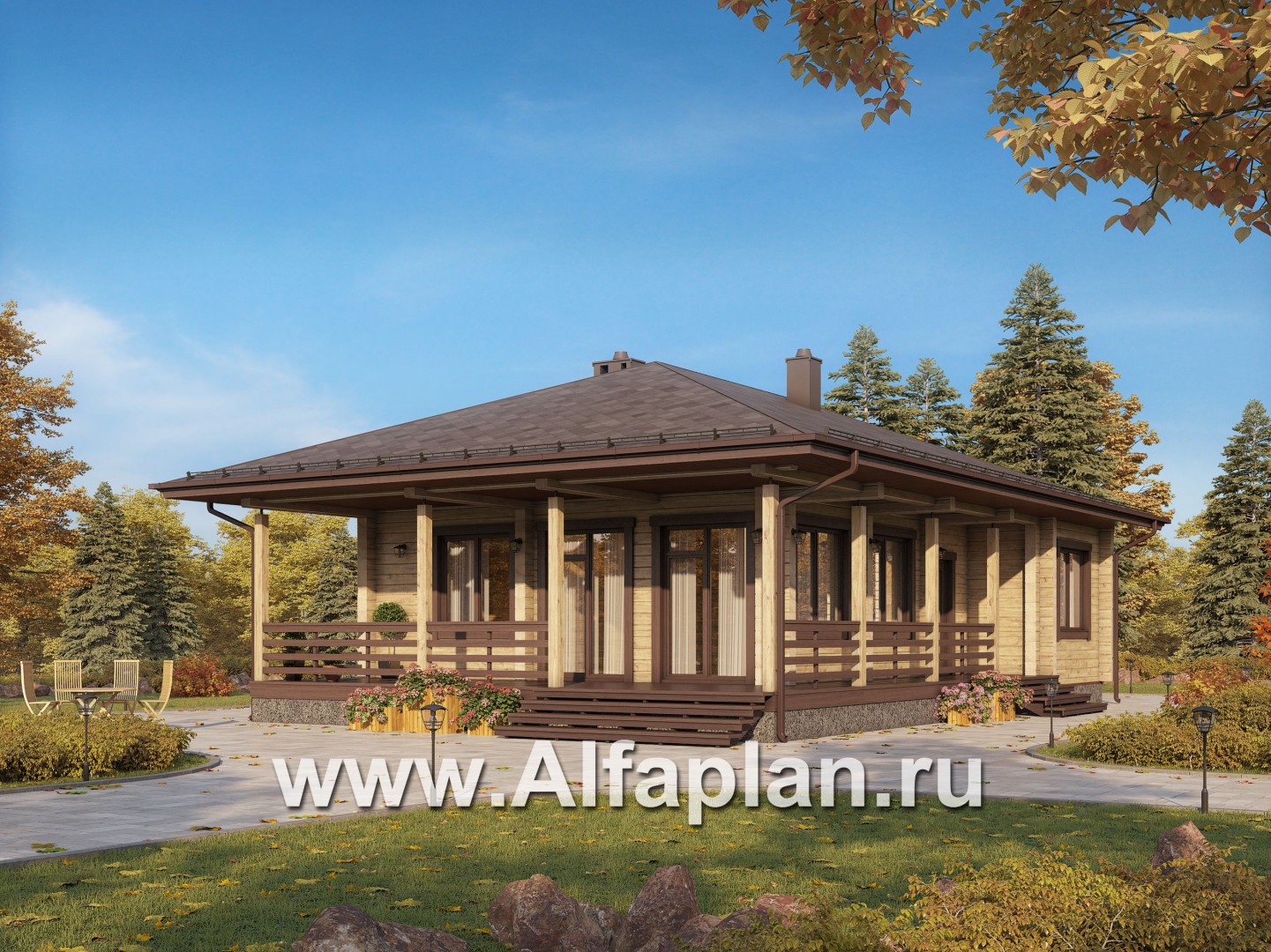 Проекты домов Альфаплан - Удобная дача с большой террасой и шатровой кровлей - основное изображение