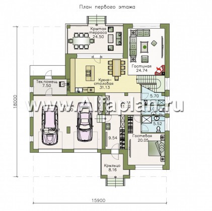 Проекты домов Альфаплан - «Родос» - проект современного двухэтажного дома с гаражом на две машины - превью плана проекта №1