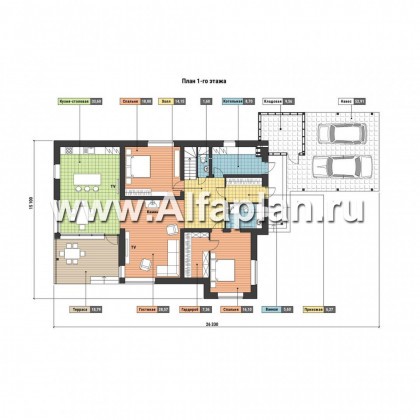 Проекты домов Альфаплан - Загородный дом с двумя спальными на 1-м этаже и навесом для двух авто - превью плана проекта №1