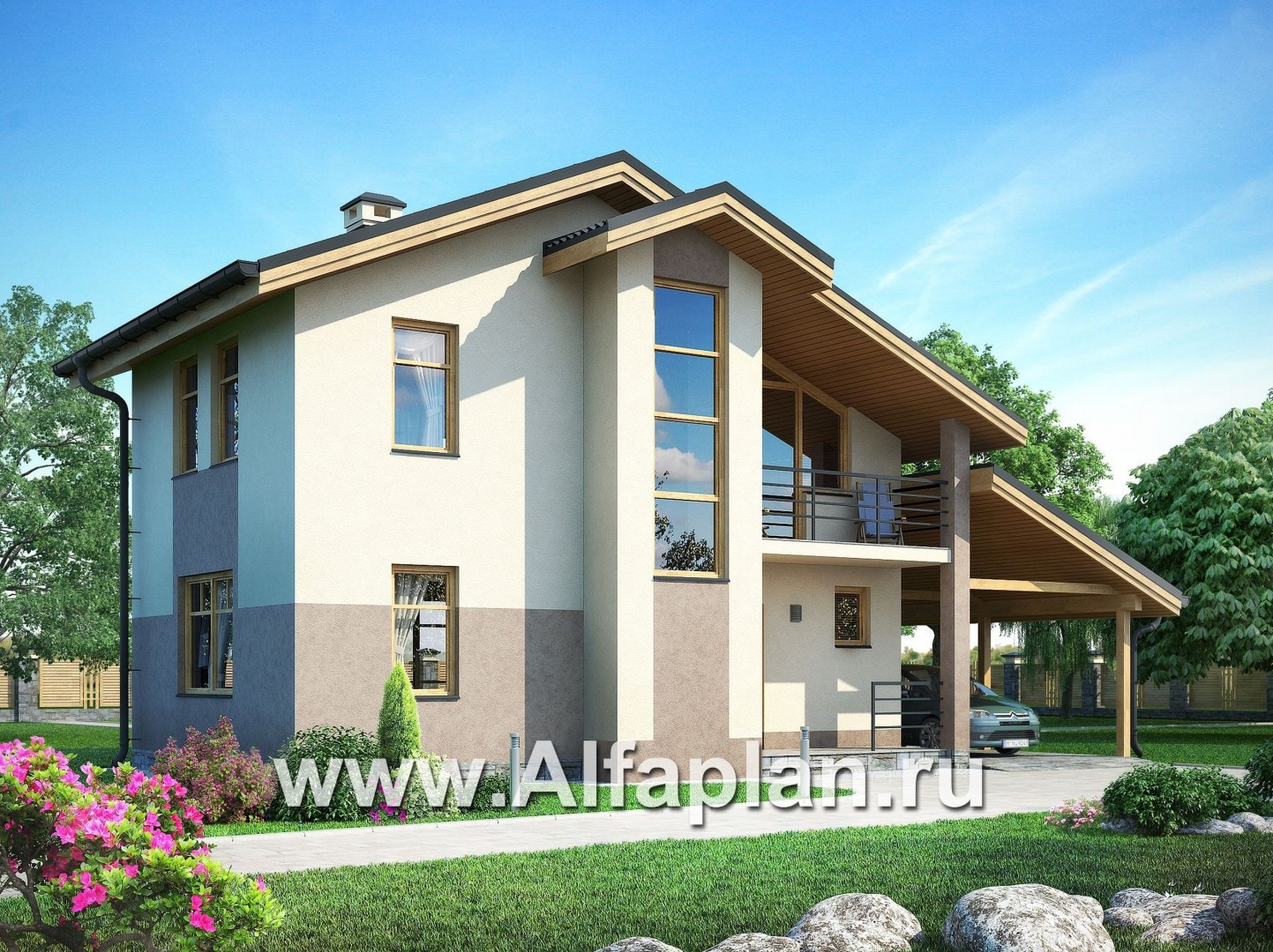Проекты домов Альфаплан - Комфортный каркасный дом с навесом для двух машин - дополнительное изображение №1