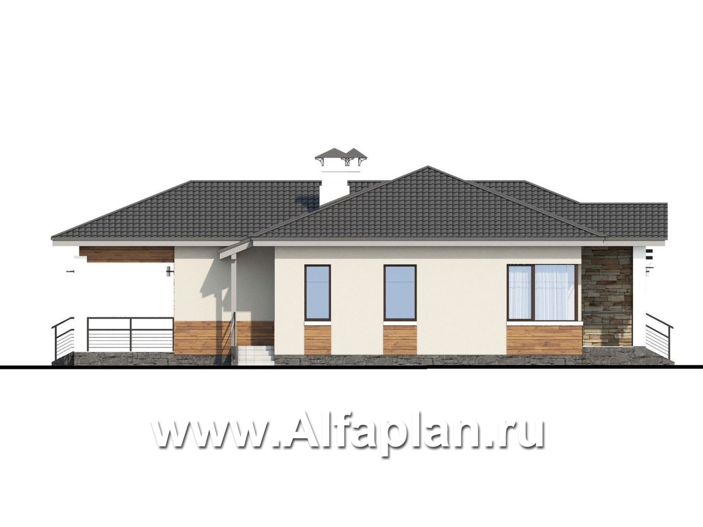 Проекты домов Альфаплан - «Витамин» - одноэтажный дом с большой гостиной и крытой террасой - изображение фасада №3