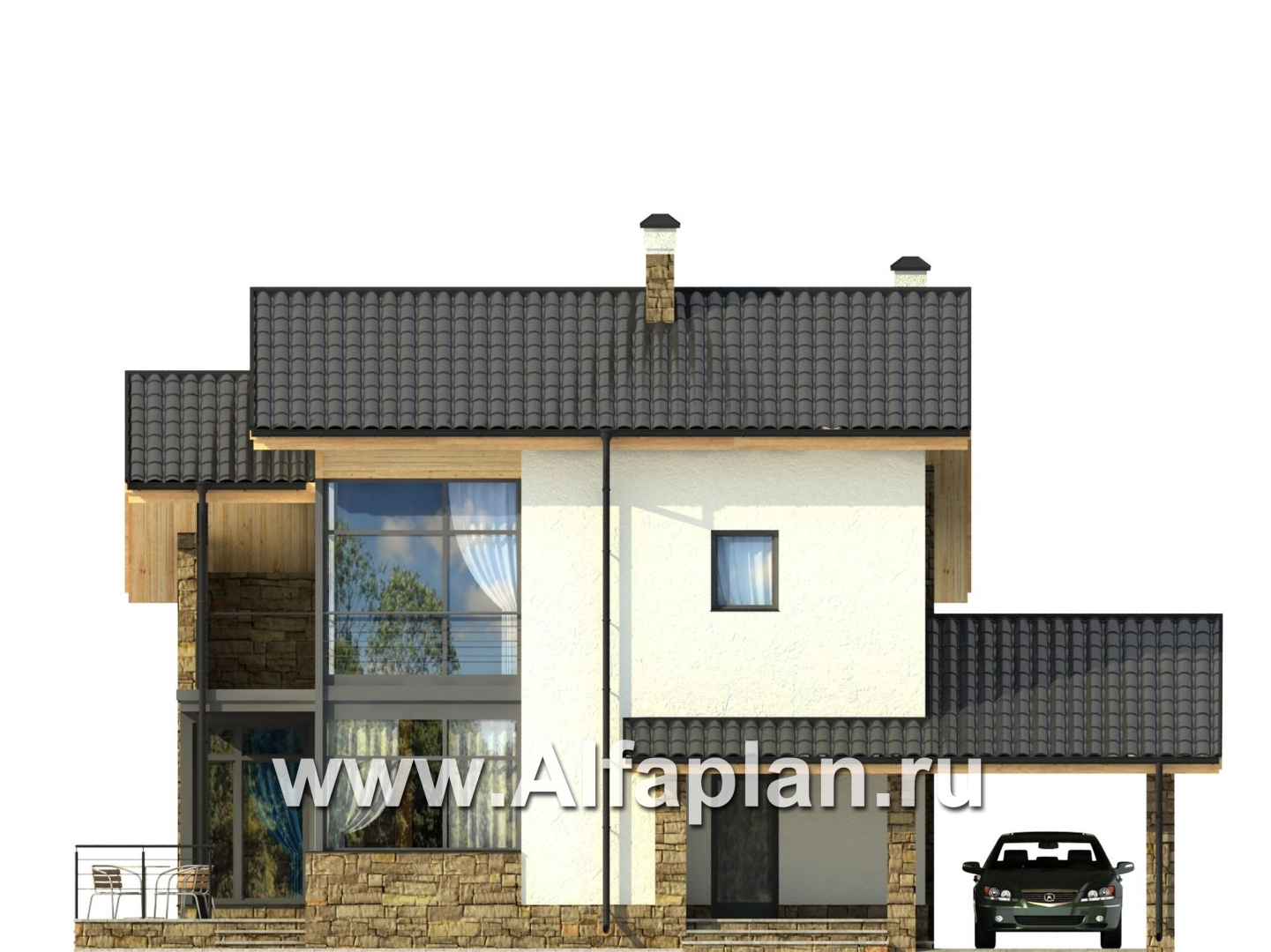 Проекты домов Альфаплан - Двухэтажный кирпичный коттедж с угловым витражом - изображение фасада №1