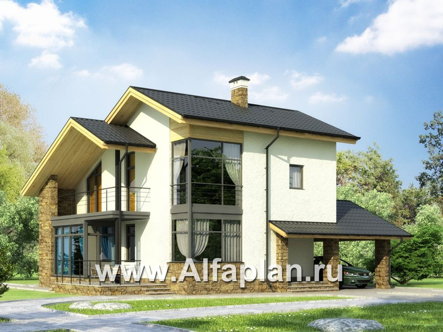 Проекты домов Альфаплан - Двухэтажный кирпичный коттедж с угловым витражом - основное изображение