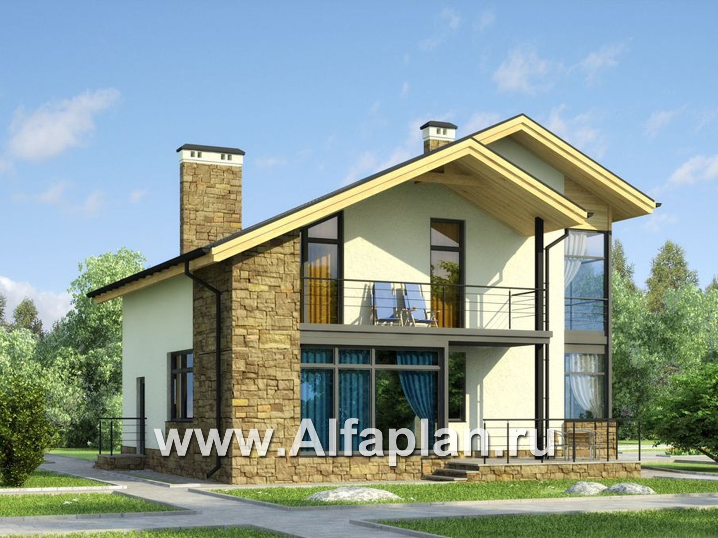 Проекты домов Альфаплан - Двухэтажный кирпичный коттедж с угловым витражом - дополнительное изображение №1