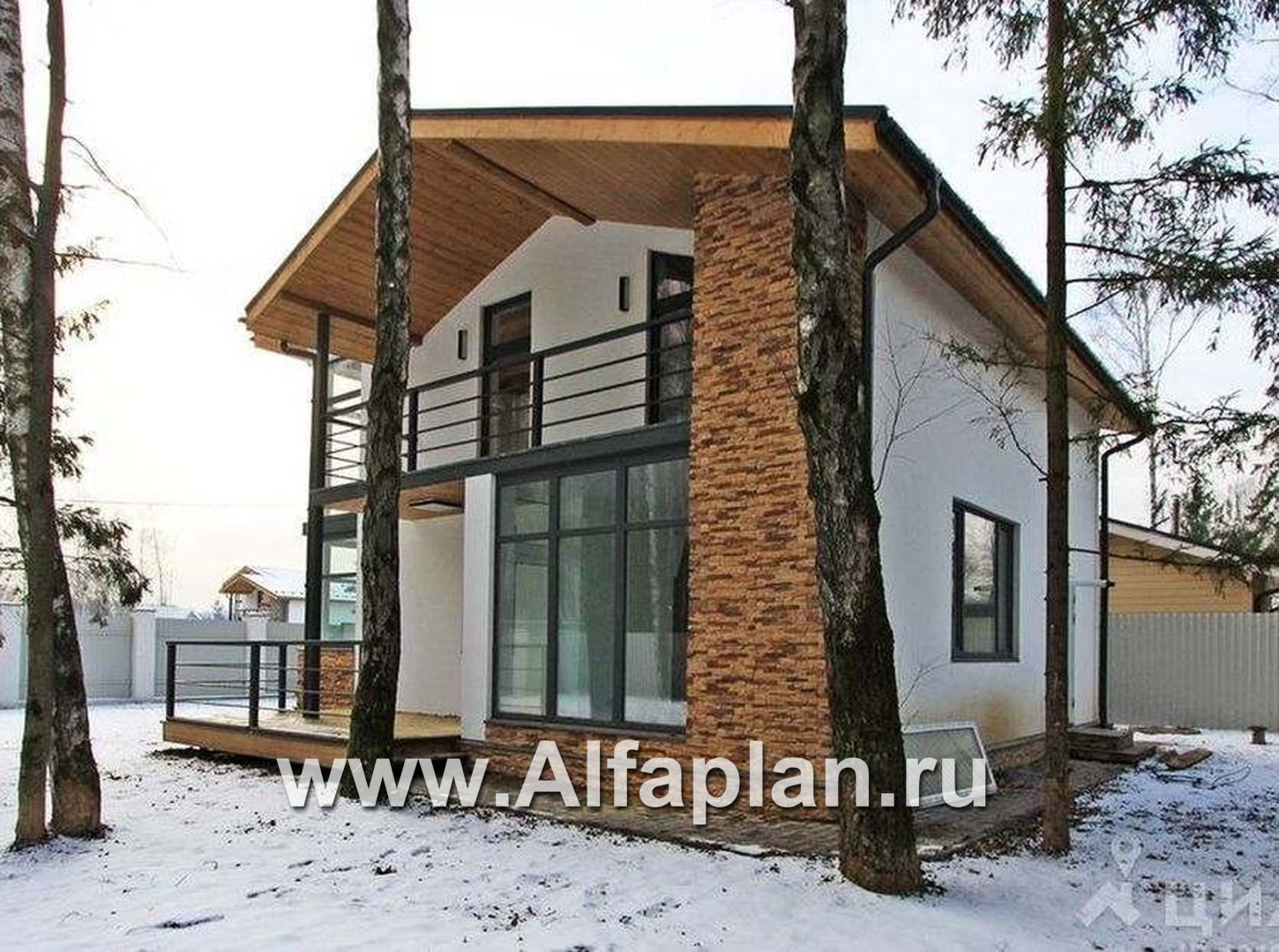 Проекты домов Альфаплан - Двухэтажный кирпичный коттедж с угловым витражом - дополнительное изображение №4
