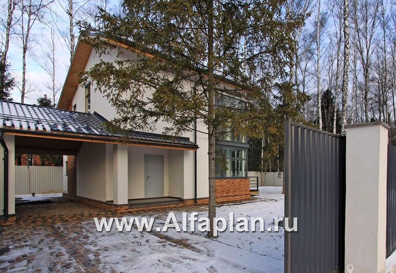 Проекты домов Альфаплан - Двухэтажный кирпичный коттедж с угловым витражом - дополнительное изображение №5
