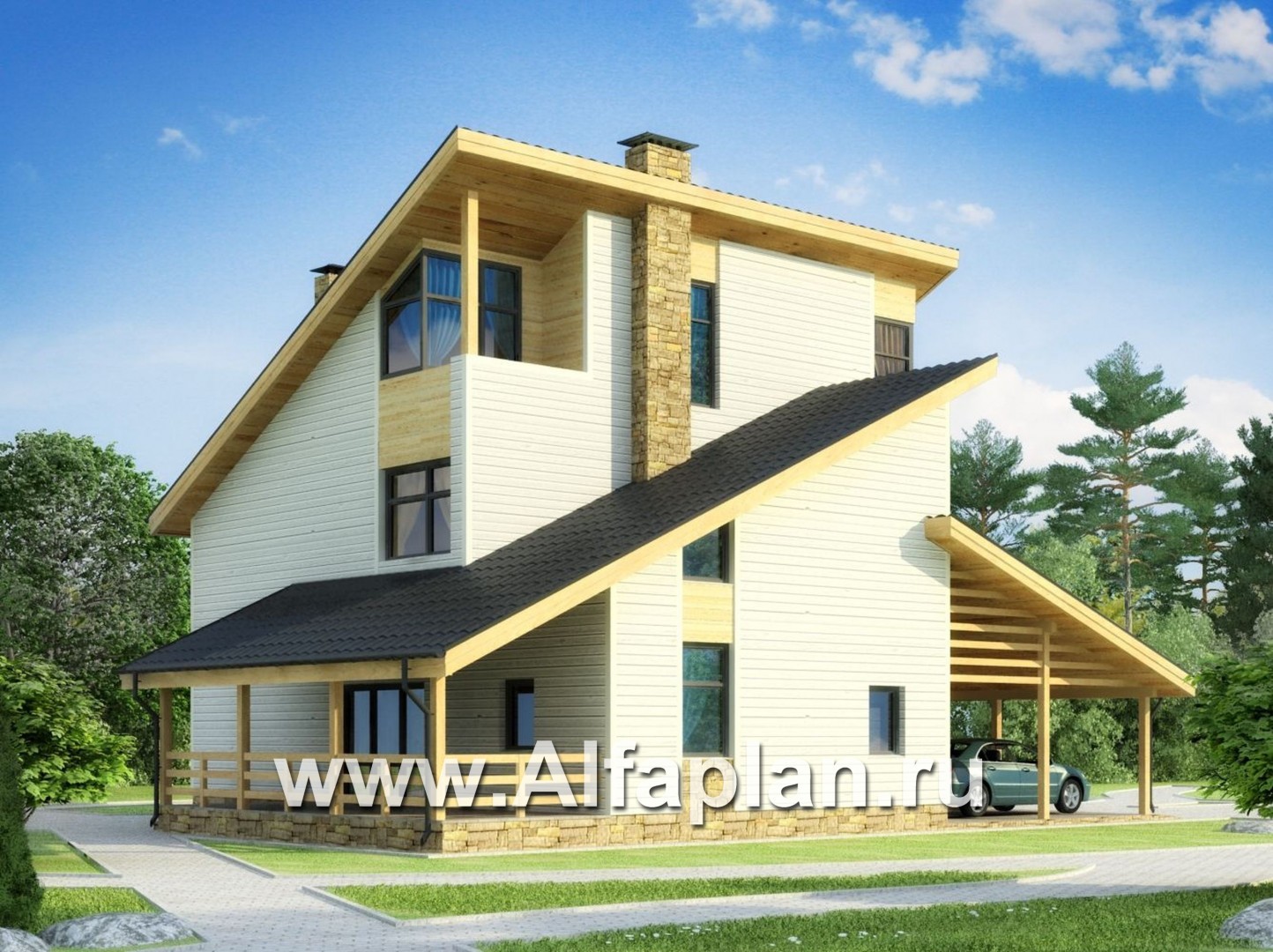 Проекты домов Альфаплан - Каркасный дом с террасой и навесом для машины - дополнительное изображение №1