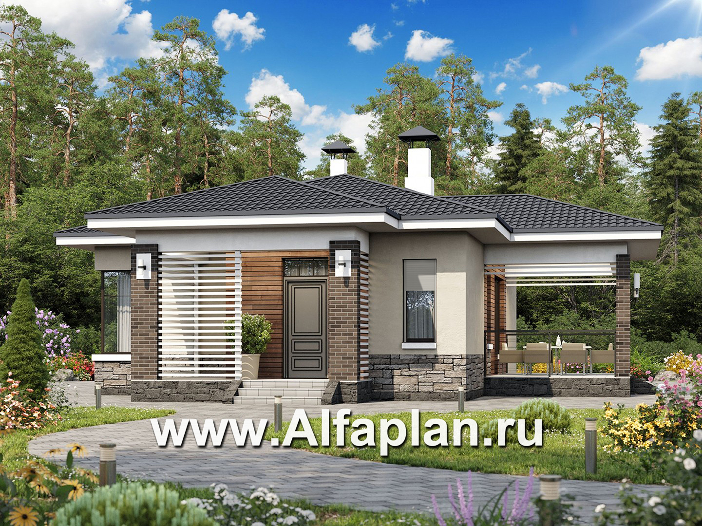 Проекты домов Альфаплан - «Аэда»- небольшой одноэтажный дом с двумя спальнями - основное изображение