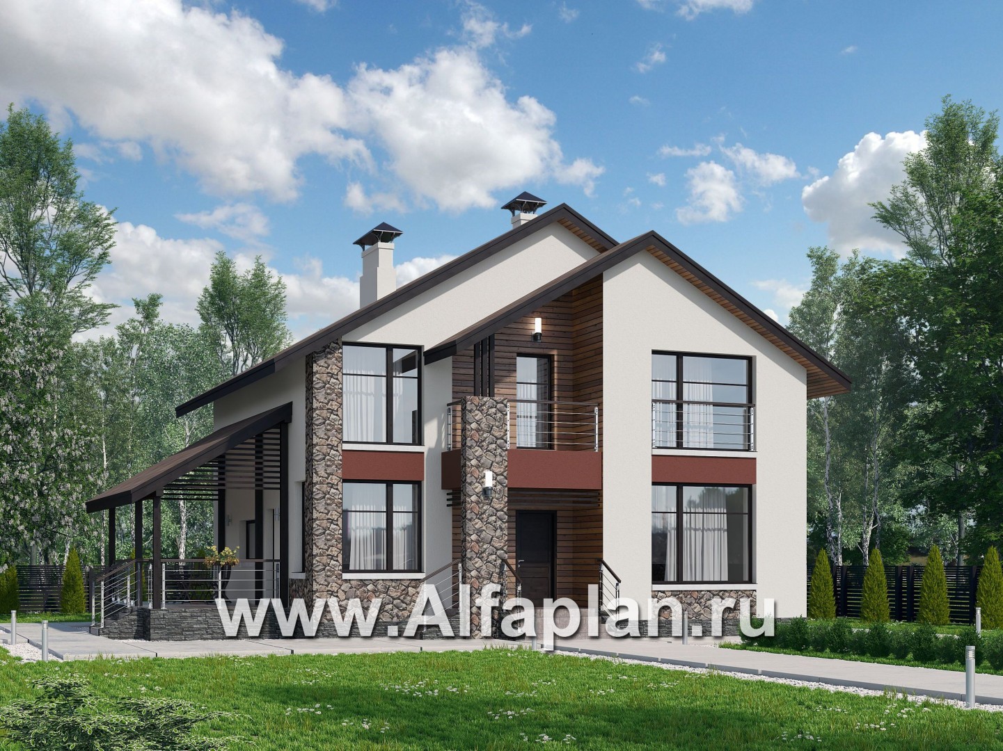 «Сороть» - проект дома с мансардой, с террасой, 5 спален, в скандинавском стиле - основное изображение