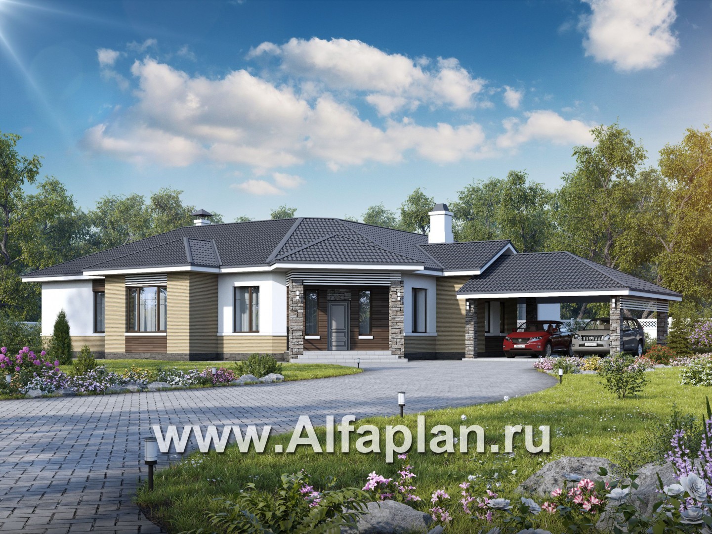 Проекты домов Альфаплан - «Модуль» — одноэтажный дом с бассейном и гостевой квартирой - основное изображение