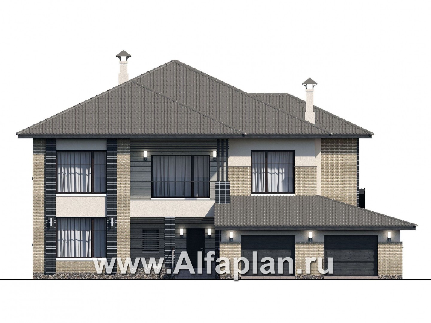 Проекты домов Альфаплан - «Неман» - загородная вилла с двусветной гостиной и большим гаражом - изображение фасада №1