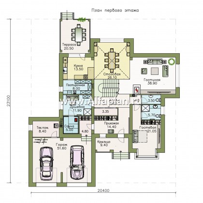 «Висла» — проект двухэтажного дома, особняк с двусветной столовой, с террасой и гаражом на 2 авто - превью план дома
