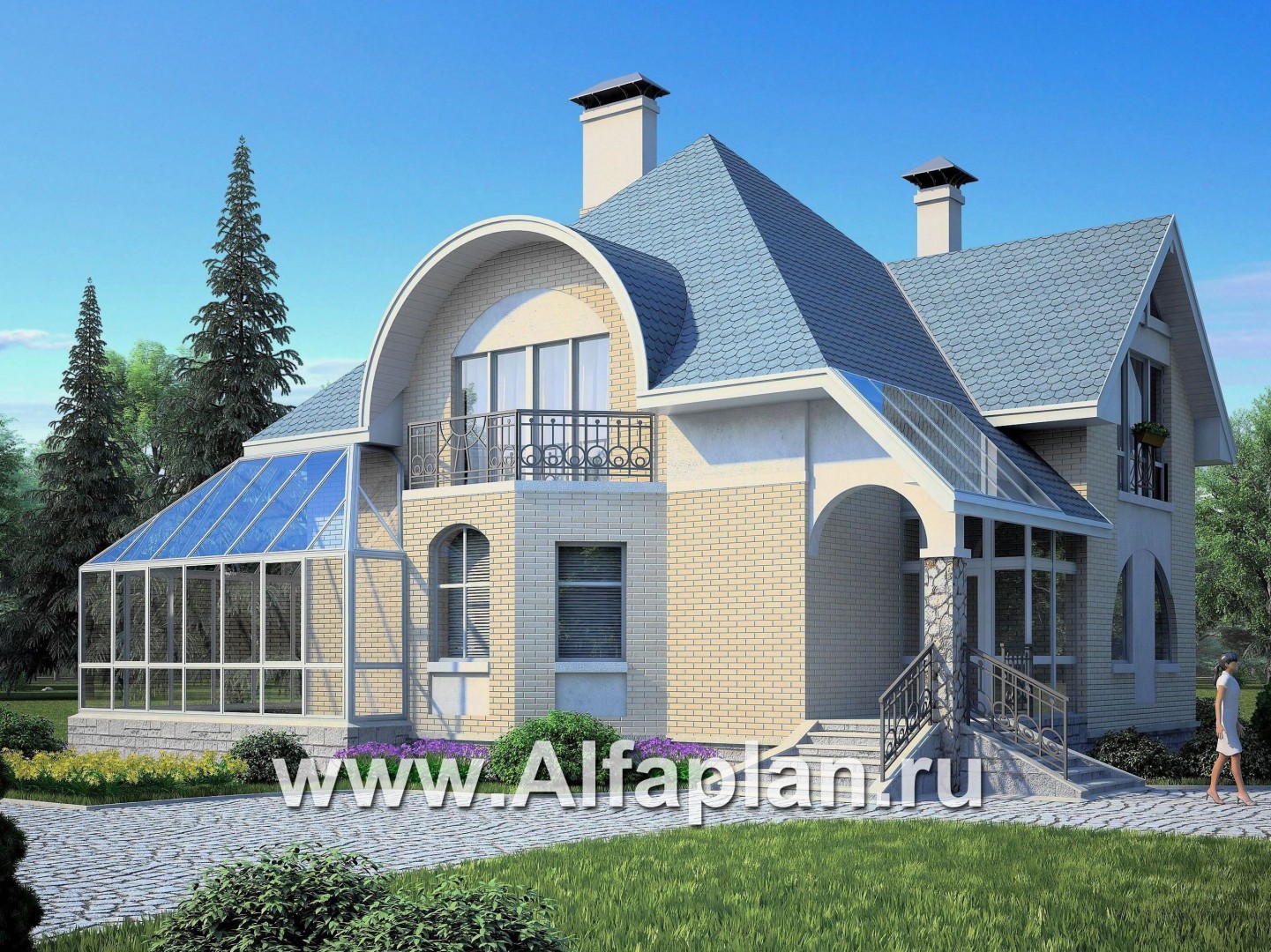 Проекты домов Альфаплан - «Соло»- небольшой коттедж с угловым зимним садом - основное изображение