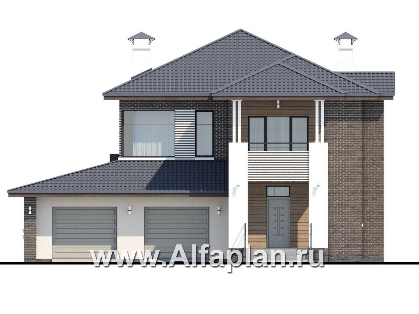 Проекты домов Альфаплан - «Новый поворот» - двухэтажный дом с гаражом с кабинет (только перегородки)ом на на 1 этажом - изображение фасада №1