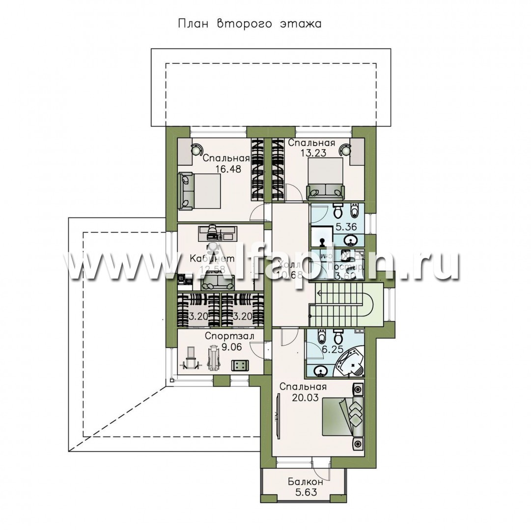 Проекты домов Альфаплан - «Новый поворот» - двухэтажный дом с гаражом с кабинет (только перегородки)ом на на 1 этажом - план проекта №3