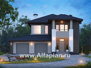 Проекты домов Альфаплан - «Новый поворот» - двухэтажный дом с гаражом с кабинет (только перегородки)ом на на 1 этажом - превью основного изображения