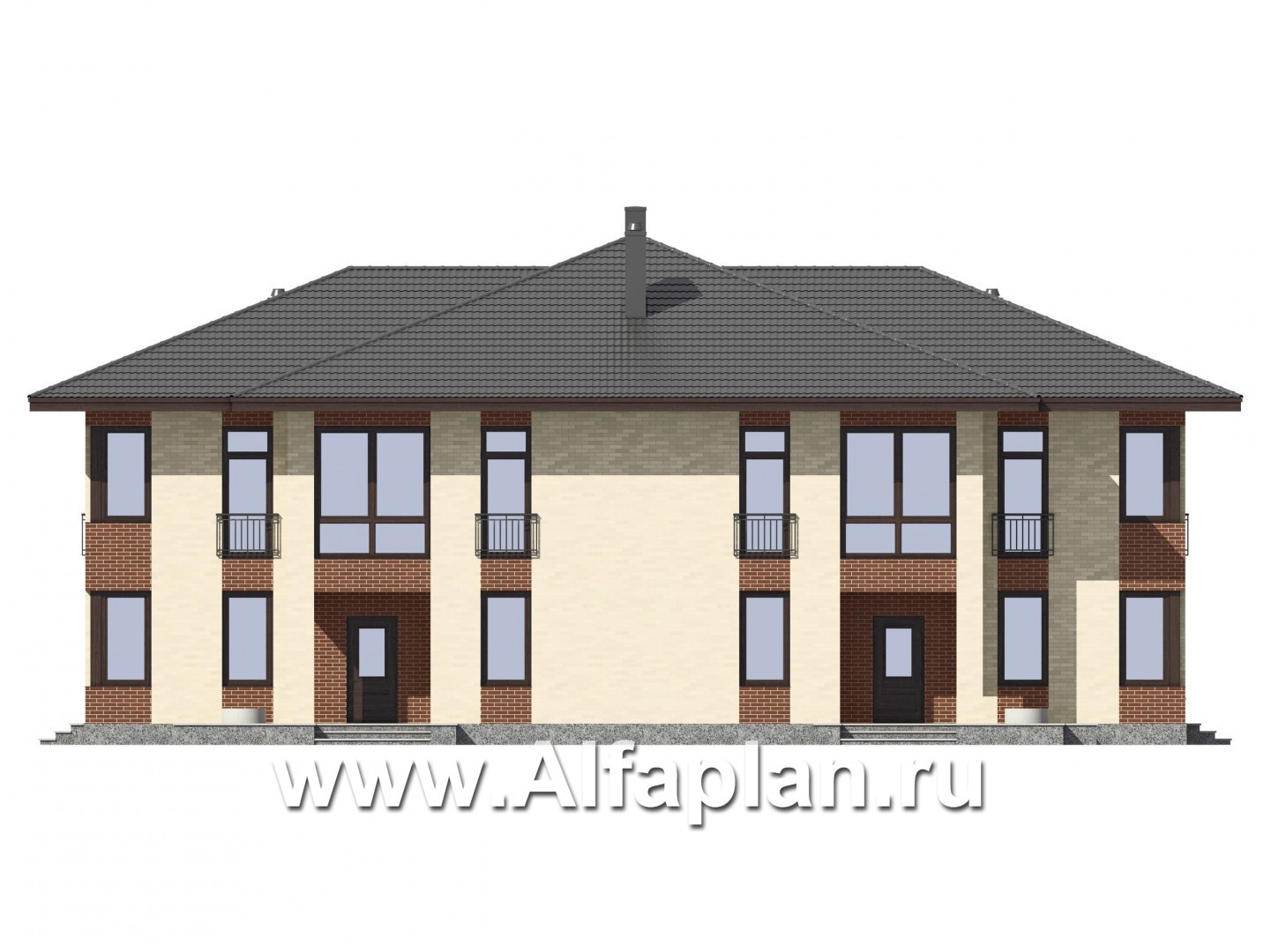 Проекты домов Альфаплан - Блокированный дом на 2 семьи - изображение фасада №1