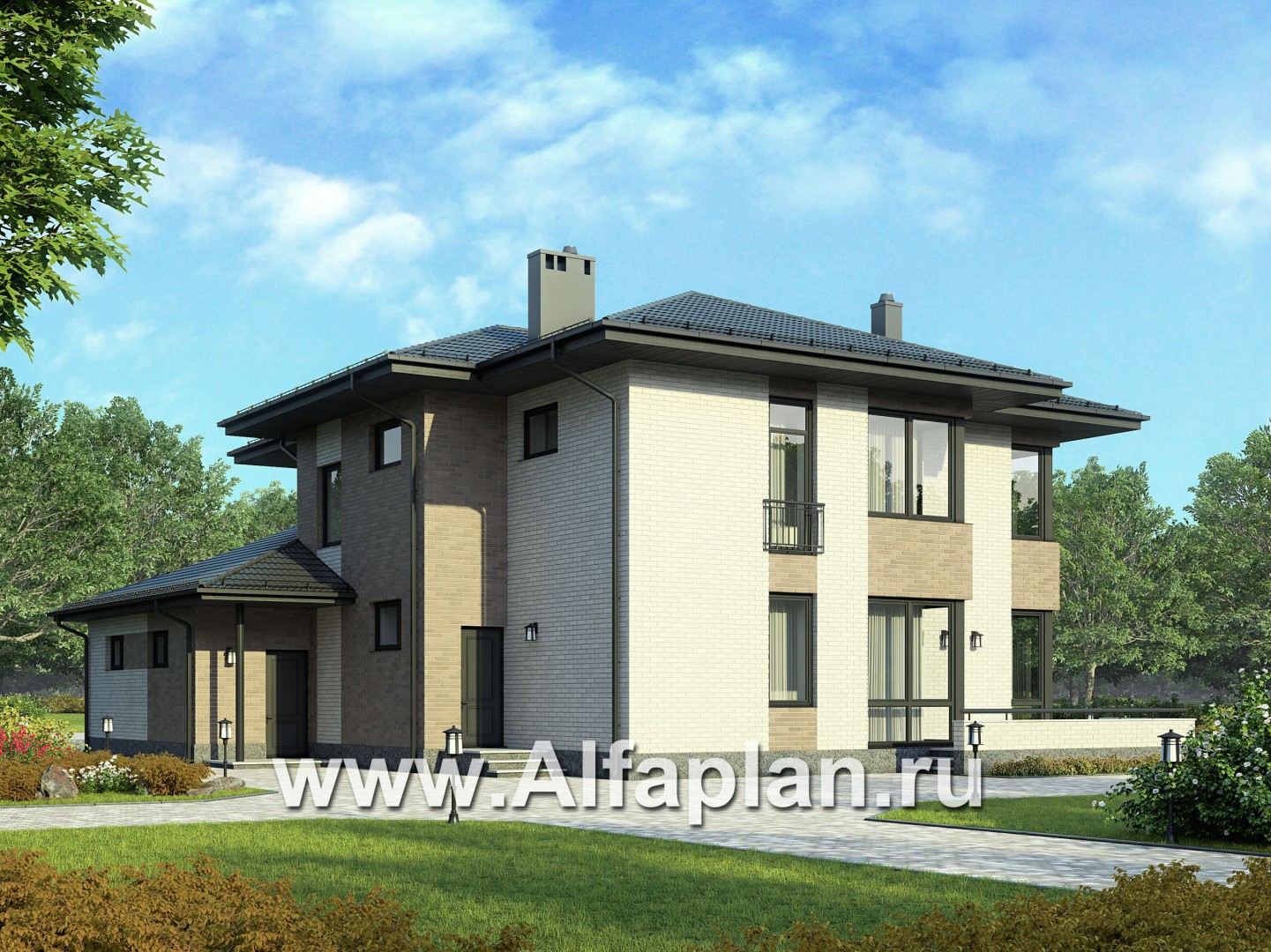 Проекты домов Альфаплан - Двухэтажный дом с угловым остеклением - дополнительное изображение №2
