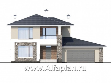 Проекты домов Альфаплан - «Выбор русалки» - современный комфортабельный дом с большим гаражом - превью фасада №1