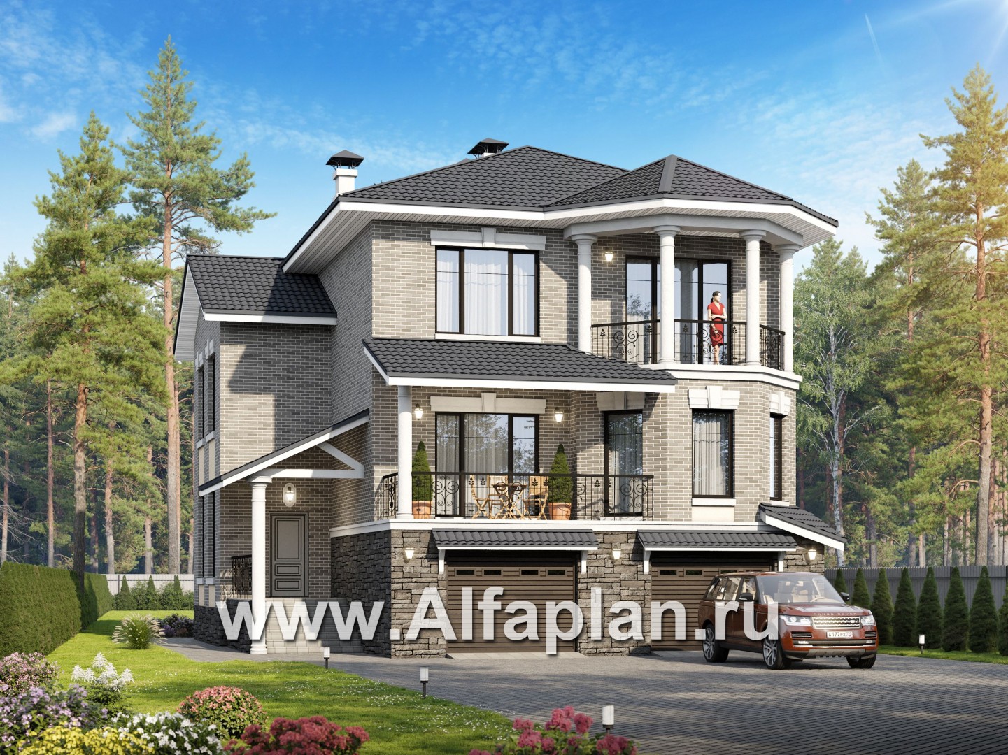 Проекты домов Альфаплан - Трехэтажный классический особняк для узкого участка - основное изображение
