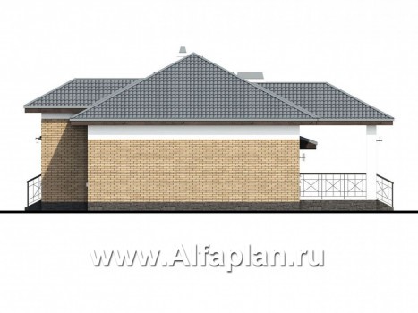 Проекты домов Альфаплан - Проект одноэтажного дома из кирпичей «Княженика», с гаражом - превью фасада №2