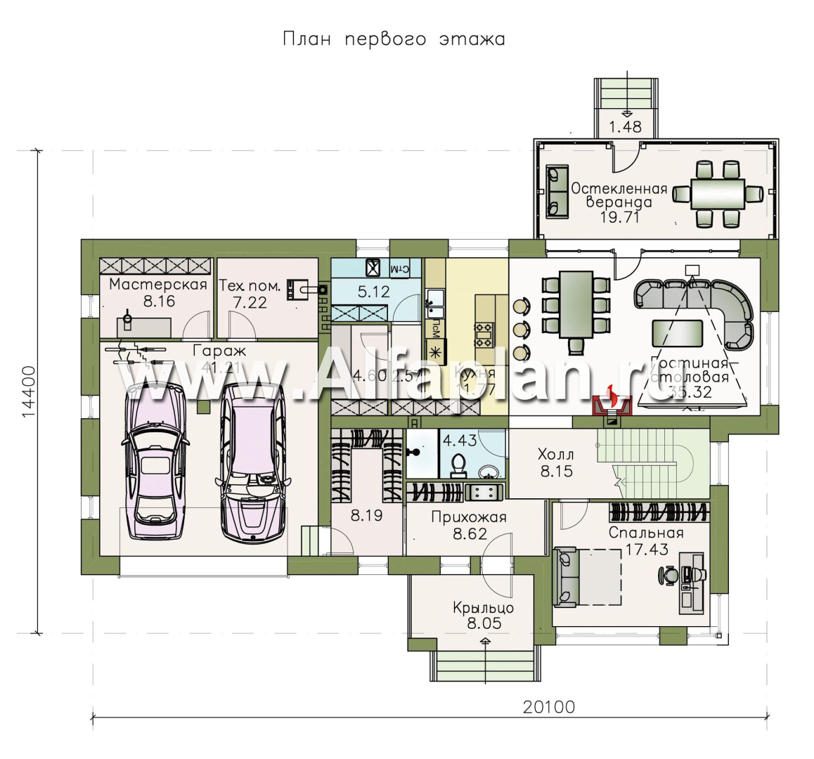 Проекты домов Альфаплан - «Прайд» - современный коттедж с остекленной верандой и гаражом - план проекта №1