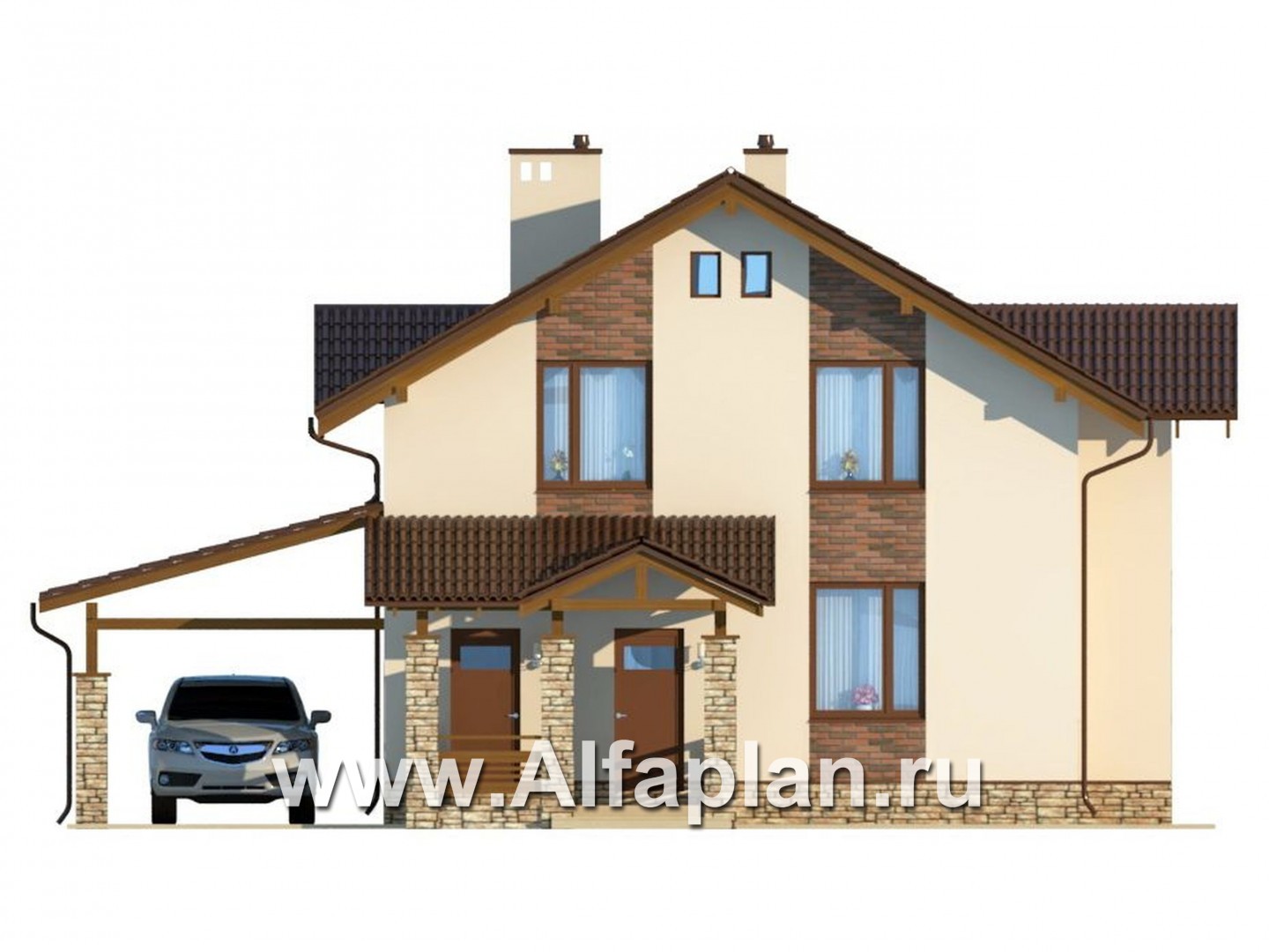Проекты домов Альфаплан - Компактный дом с навесом для машины - изображение фасада №1