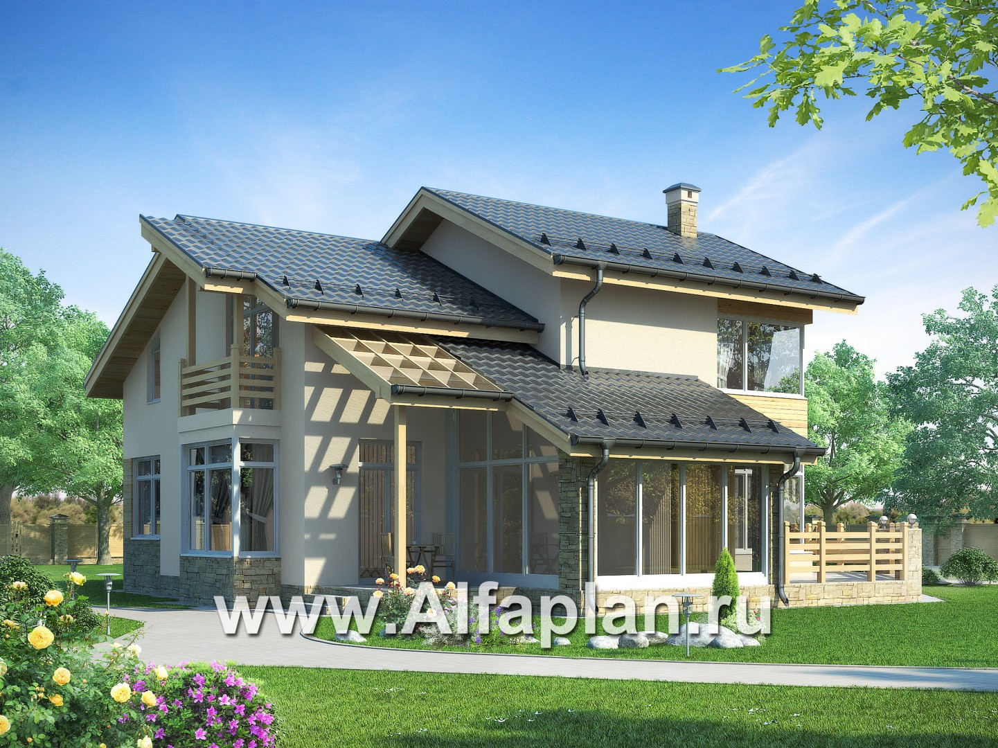 Проекты домов Альфаплан - Современный коттедж с террасами и навесом для авто - дополнительное изображение №1