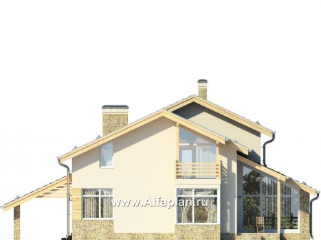 Проекты домов Альфаплан - Современный коттедж с террасами и навесом для авто - превью фасада №4